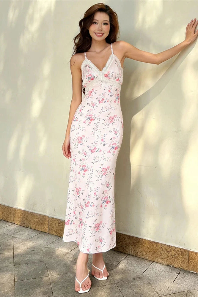Glorol - Lace Printed Backless High Waist Slim V-Neck Maxi Dress