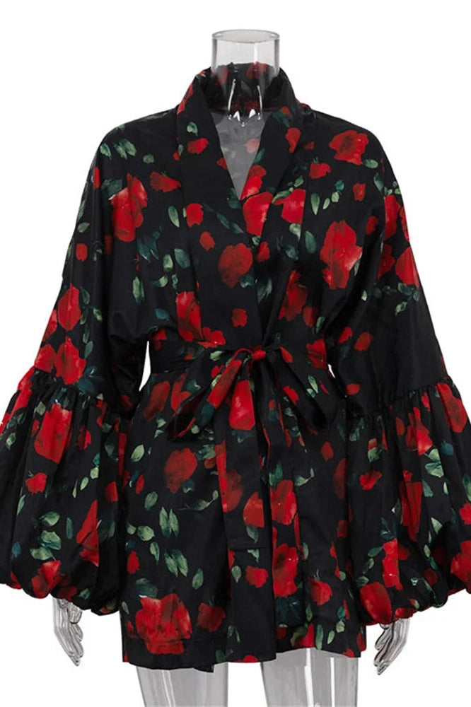 Glorol - Printed Patchwork Long Sleeve Lace-Up V-Neck Mini Dress
