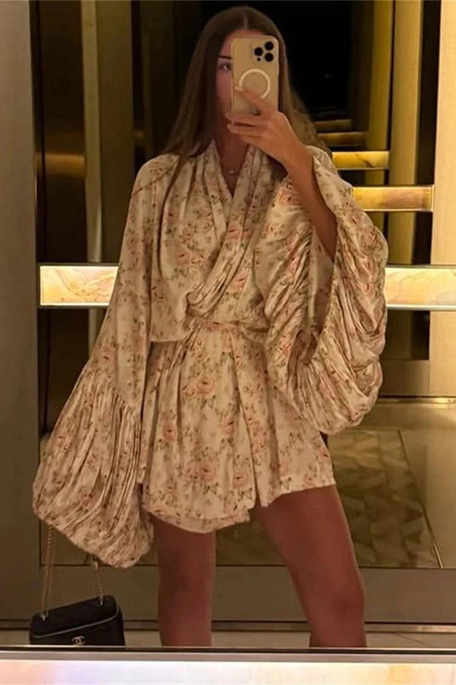 Glorol - Printed V-Neck Lace-Up Patchwork Loose Mini Dress