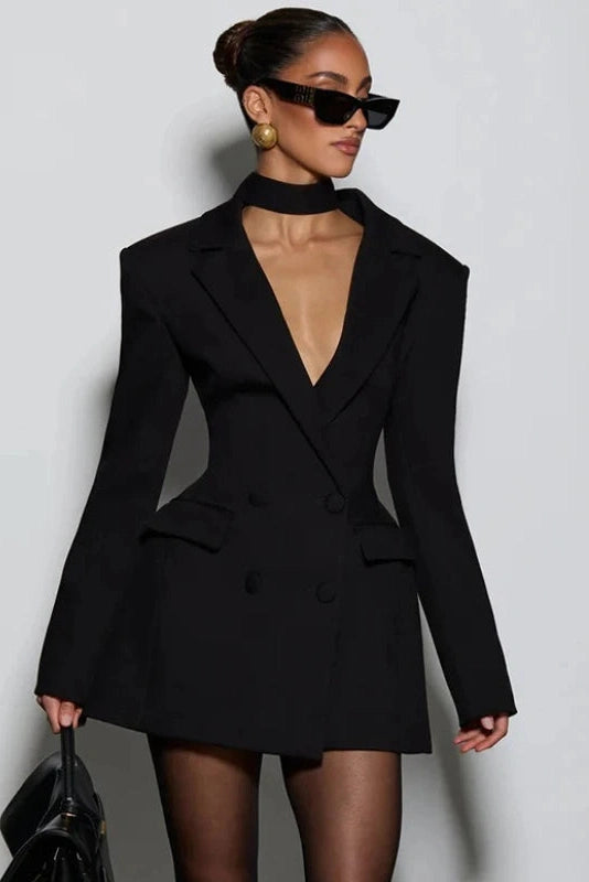 Glorol - Elegant Slim Double Breasted Pockets Mini Dress