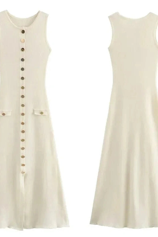 Glorol - Elegant Knitted Sleeveless Button Bodycon Midi Dress