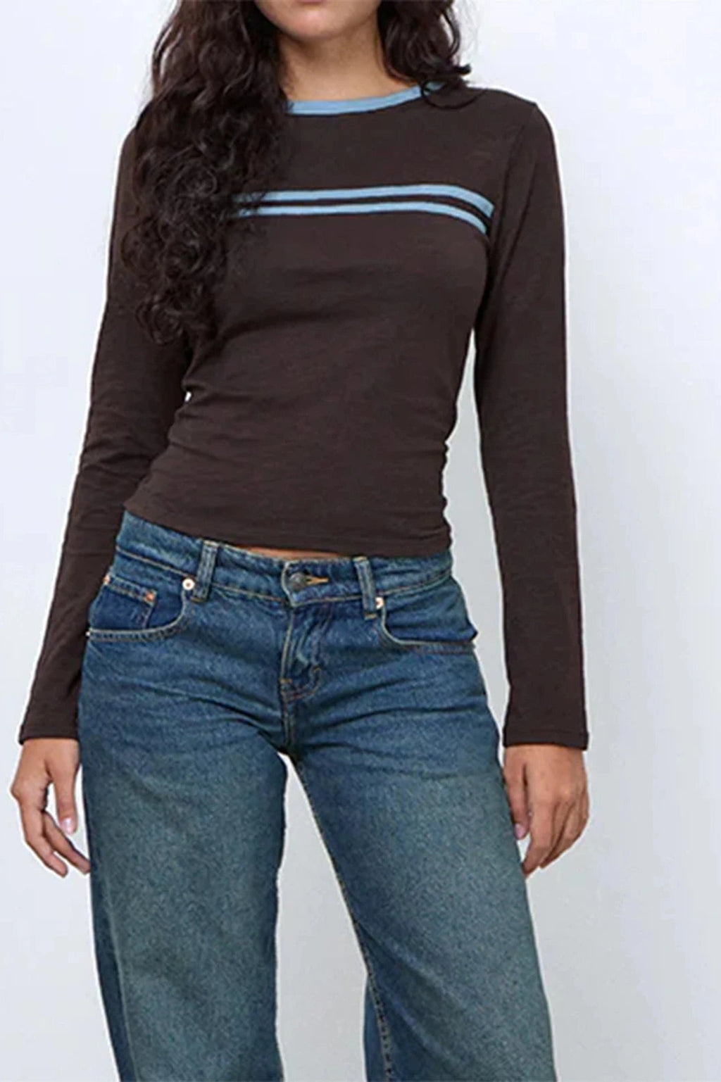 Glorol - Long Sleeve Stripe Print Round-Neck Fit Top
