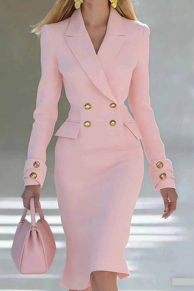 Glorol - Elegant Long Sleeve V-Neck High Waist Slim Midi Dress