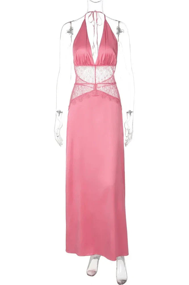 V-Neck Lace Patchwork See-Through High Waist Maxi Dress
