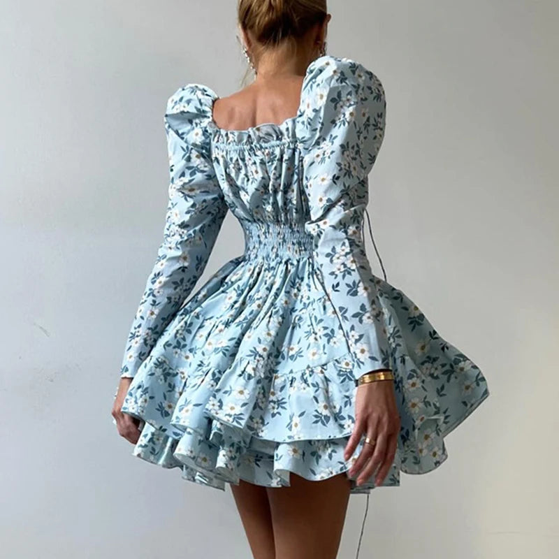 Glorol - Printed Lace Up V-Neck Long Sleeve Elegant A-Line Mini Dress