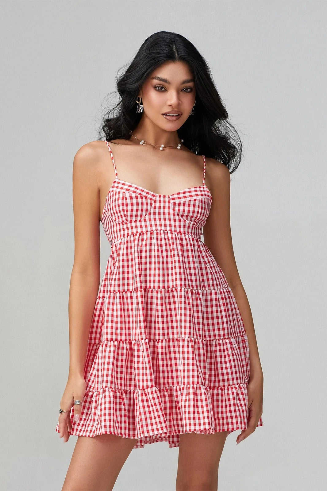 Glorol - Spaghetti Strap Plaid Mini Dress
