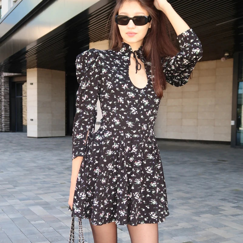 Glorol - Printed Lace Up High Waist A-Line Mini Dress