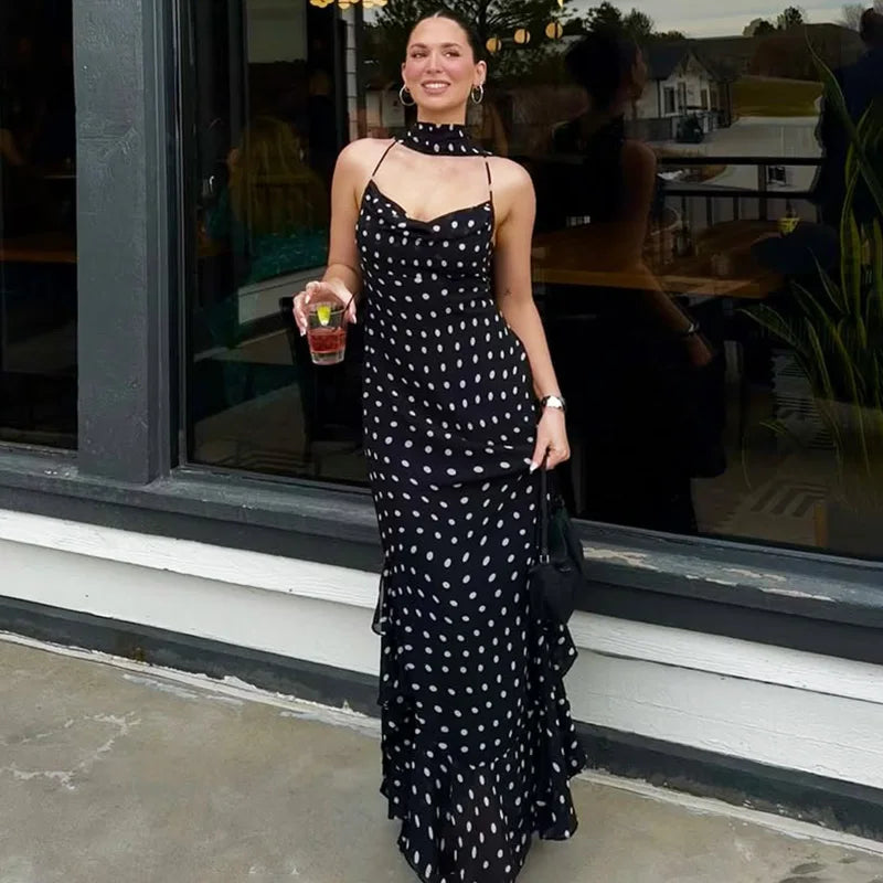 Glorol - Elegant Polka Dot Scarf Ribbon Pleated Maxi Dress