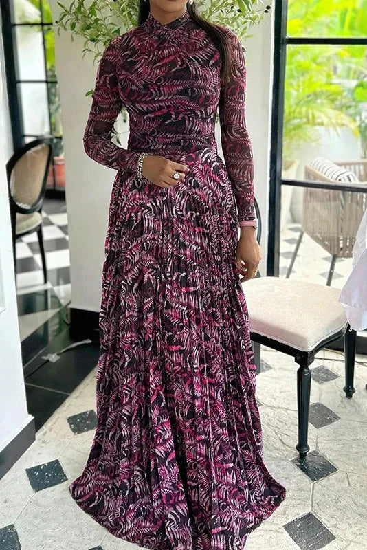 Long Sleeve Printed Slim Pleated High Waist Maxi Dress