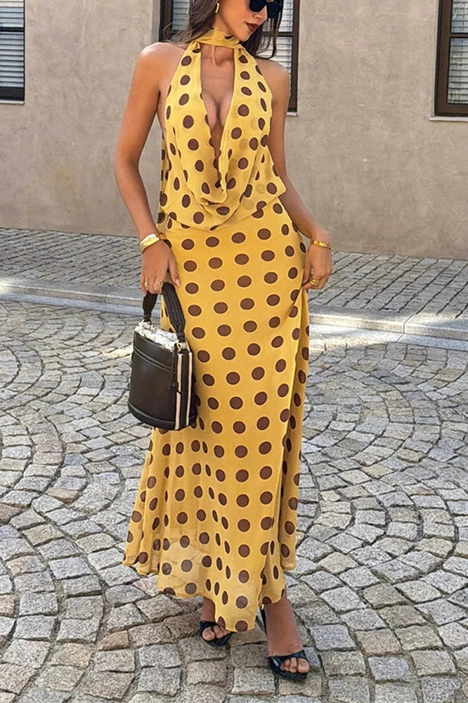 Glorol - Deep V-Neck High Waist Sleeveless Printed Maxi Dress