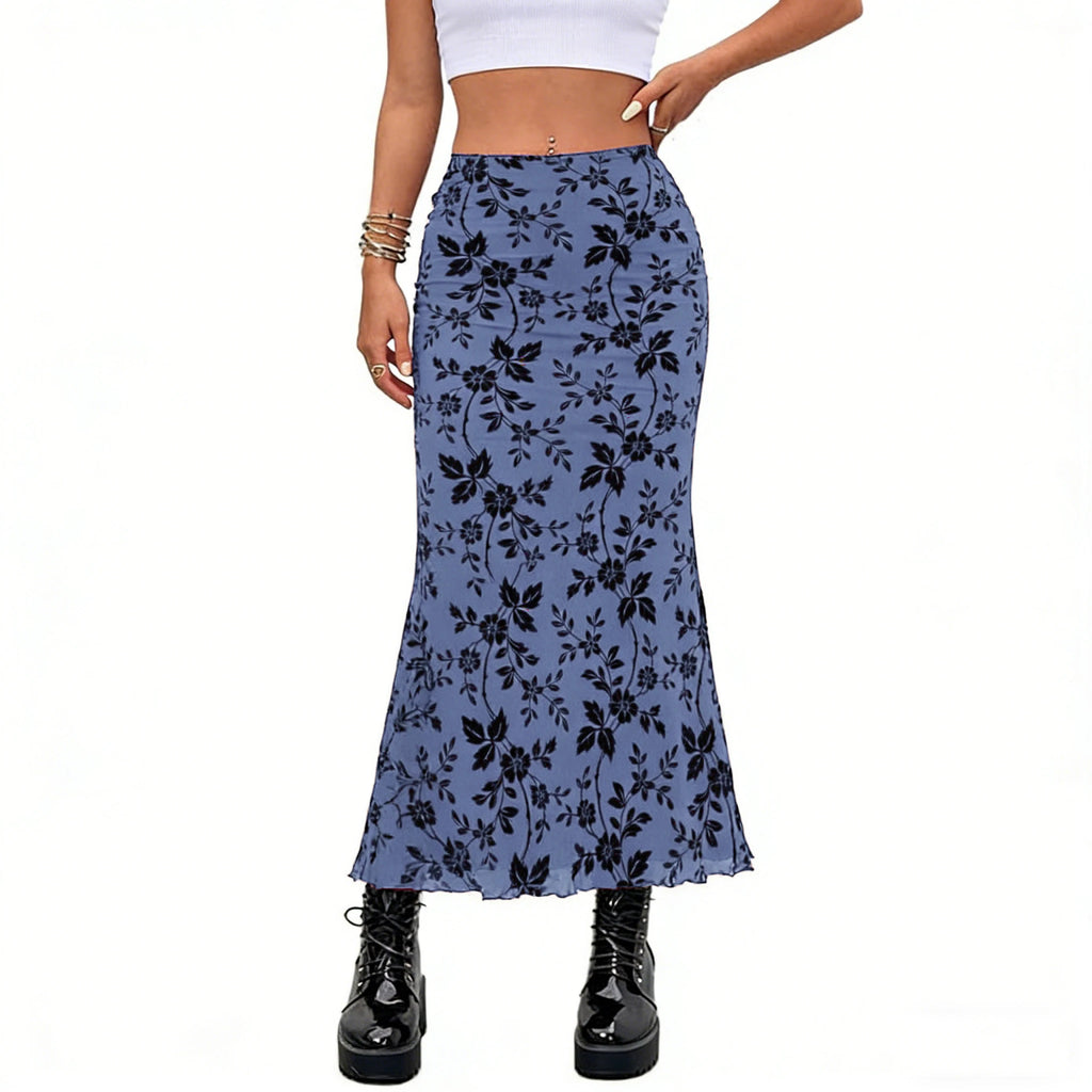 Glorol - Floral Print Flocked Mesh High Waist Skirt