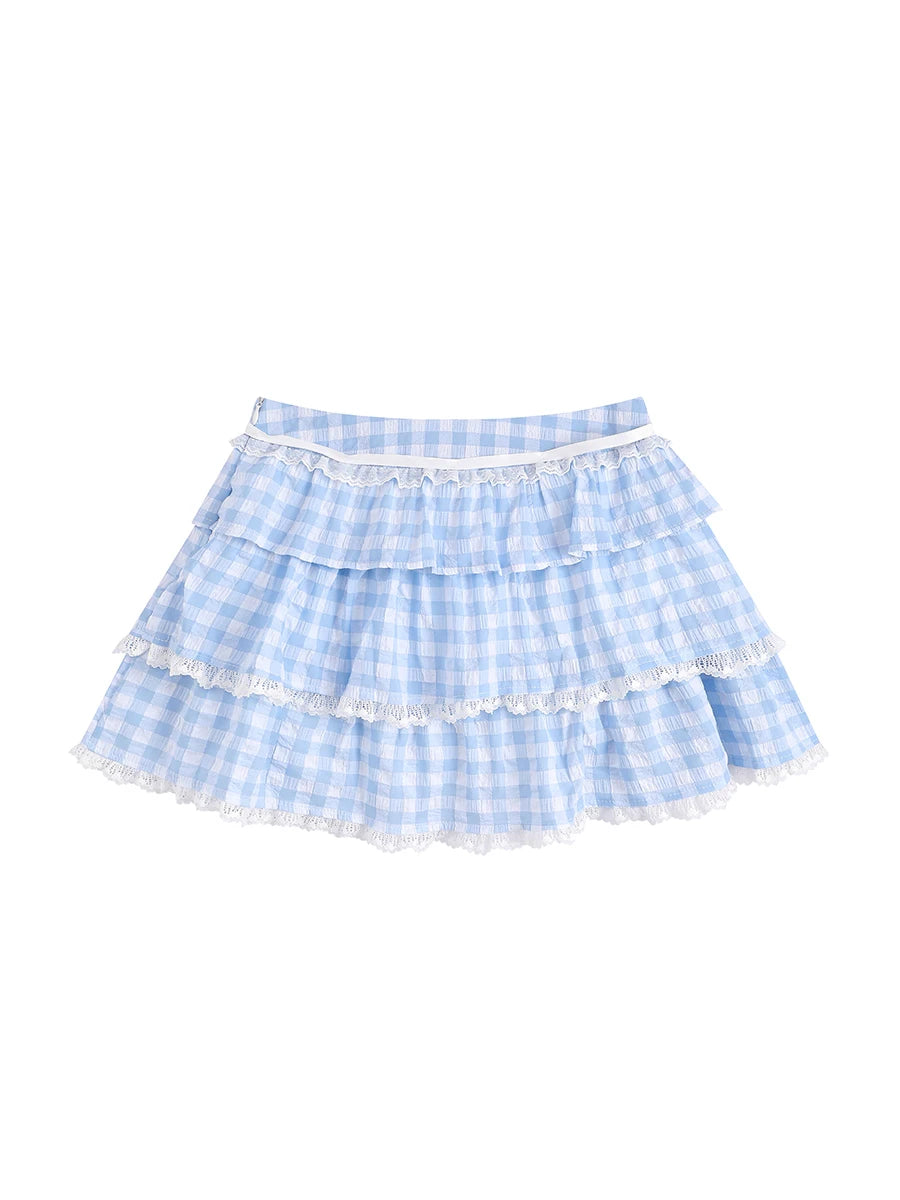 Glorol - A Line Plaid Print Tie-Up Waist Skirt