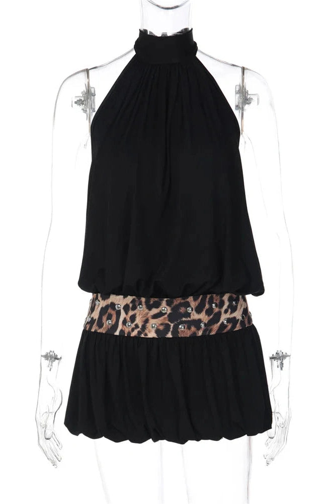 Glorol - Backless High Waist Off-Shoulder Patchwork Mini Dress