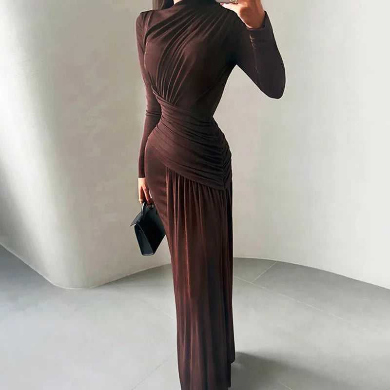 Glorol - Round Neck High Waist Long Sleeve Maxi Dress