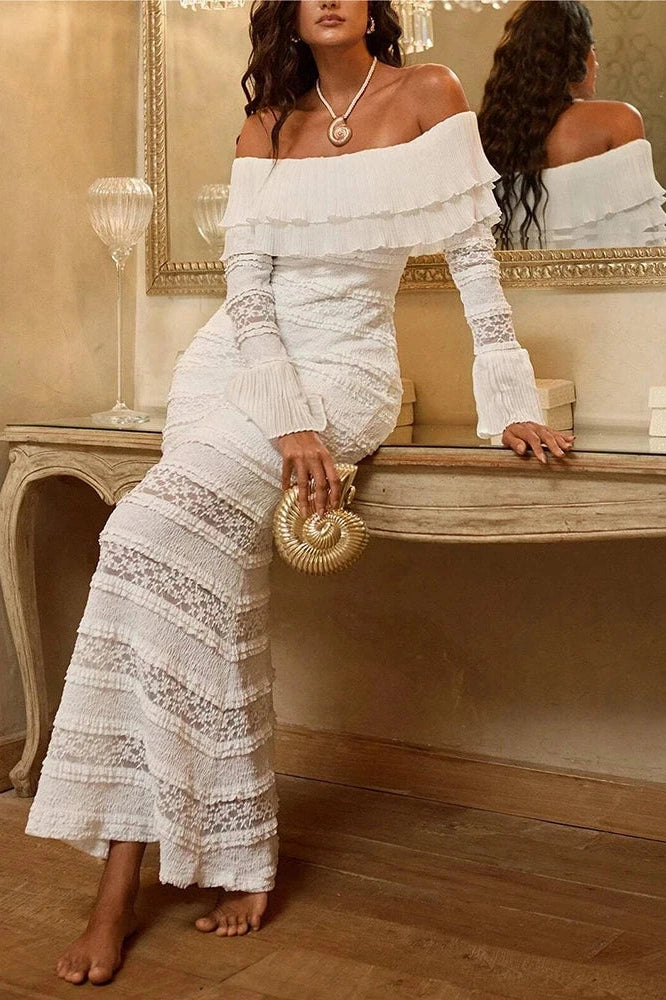 Glorol - Lace Hollow Out High Waist Slim Off-Shoulder Pleated Maxi Dress