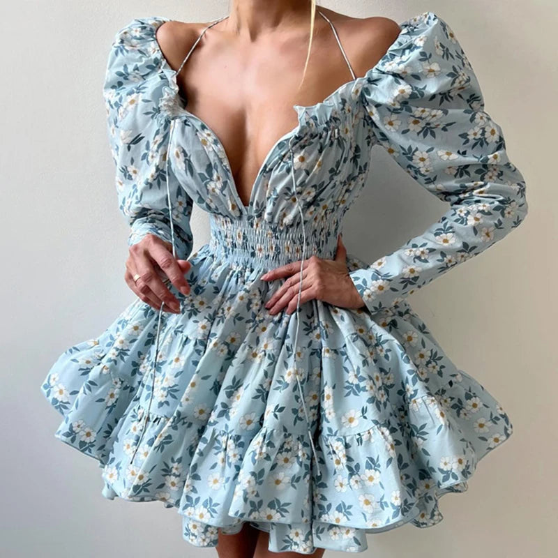 Glorol - Printed Lace Up V-Neck Long Sleeve Elegant A-Line Mini Dress