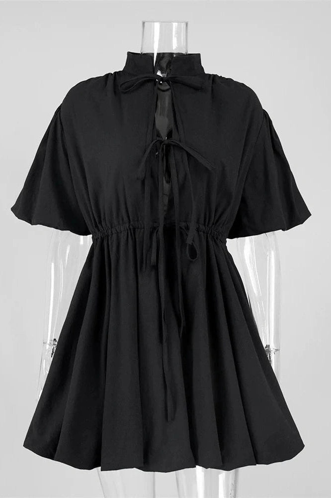 Glorol - Lace-Up Short Sleeve V-Neck High Waist Mini Dress