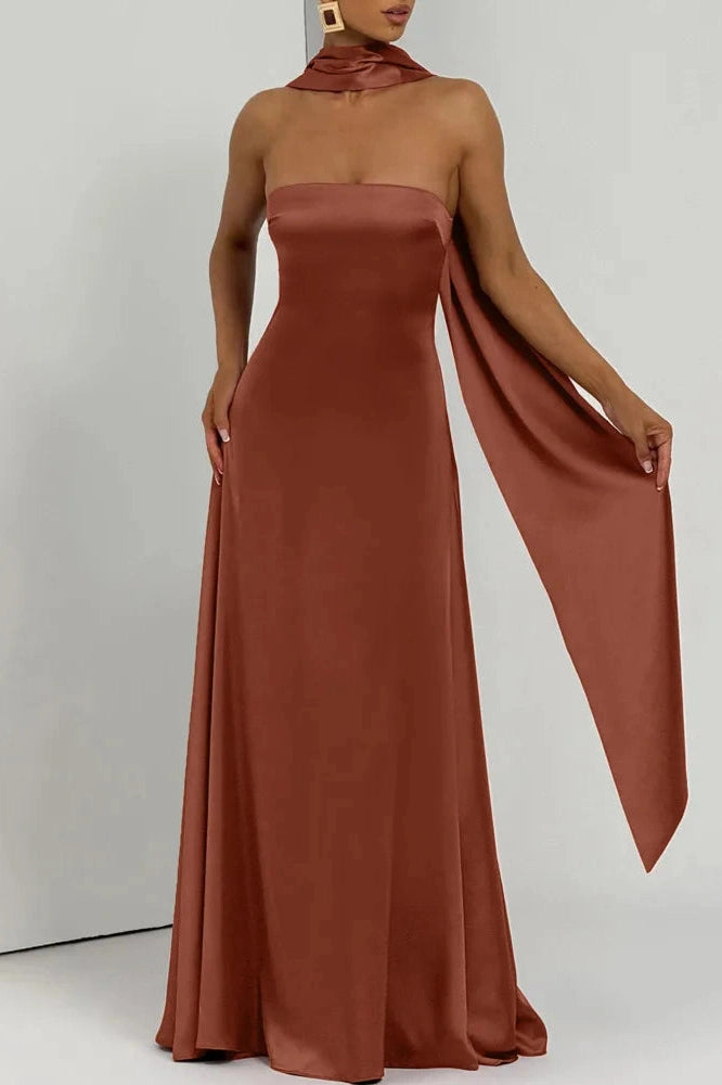Glorol - Off-Shoulder Strapless Scarf Collar Sleeveless Backless Bodycon Maxi Dress