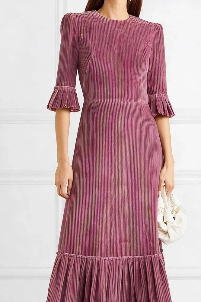 Glorol - Elegant Half Sleeve Pleated High Waist Slim Maxi Dress