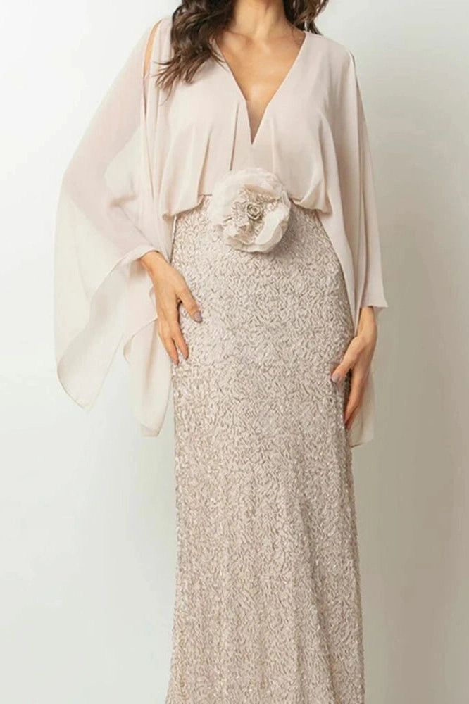 Glorol - Elegant V-Neck Sleeve High Waist Maxi Dress
