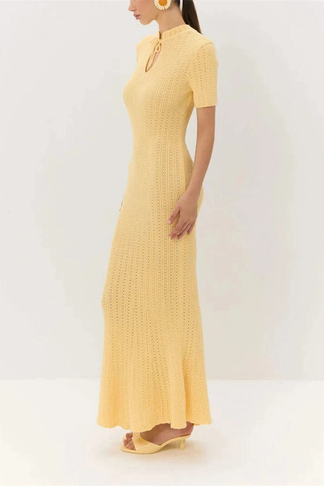 Glorol - Hollow Out Lace-Up Short Sleeve Patchwork High Waist Maxi Dress