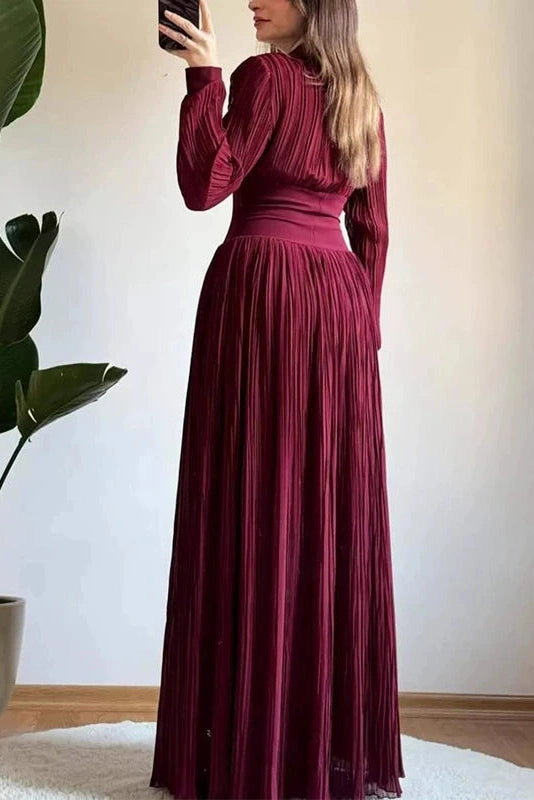 Glorol - Long Sleeve High Waist Pleated V-Neck Maxi Dress