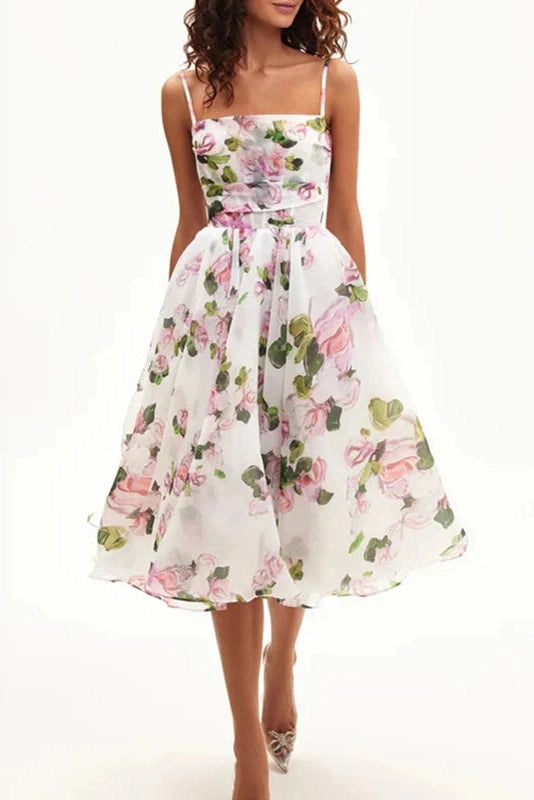 Glorol - Slash Neck Printed Sleeveless High Waist Pleated Midi Dress