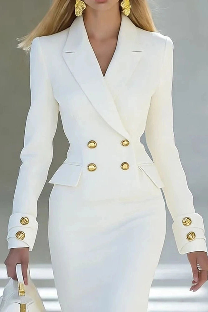 Glorol - Elegant Long Sleeve V-Neck High Waist Slim Midi Dress
