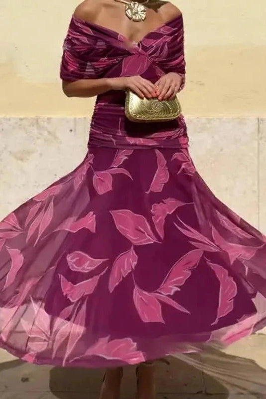 Glorol - Printed Shawl Sleeve High Waist Pleated V-Neck Off Shoulder Maxi Dress