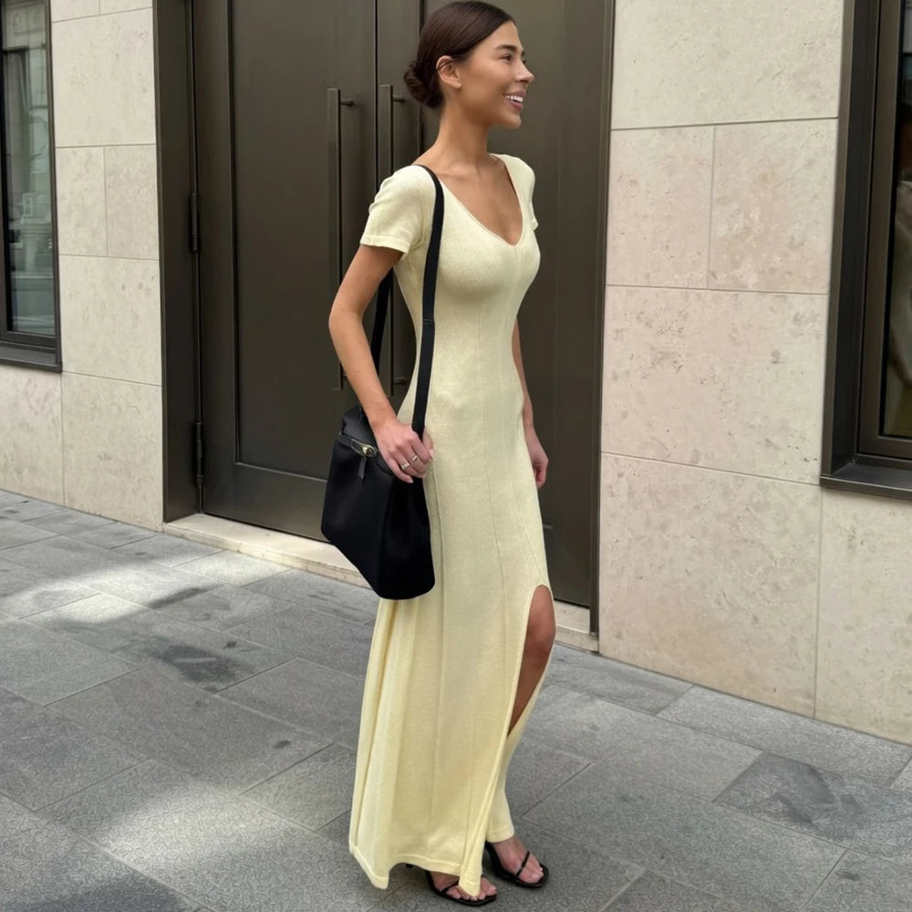 Glorol - Elegant V-Neck Split Patchwork Maxi Dress