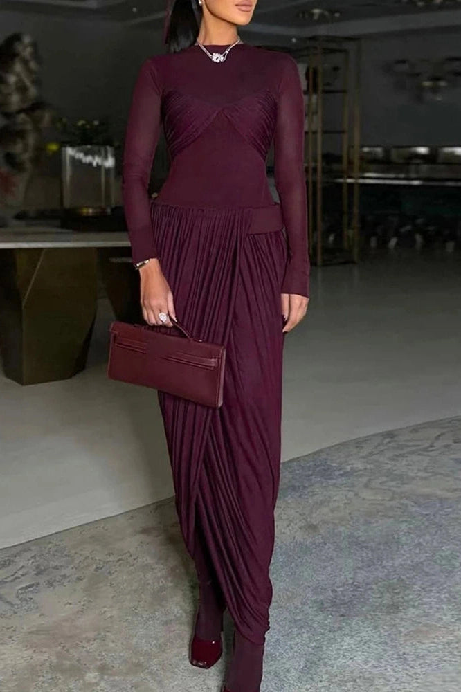 Glorol - Elegant High Waist O-Neck Pleated Irregular Maxi Dress