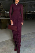Glorol - Elegant High Waist O-Neck Pleated Irregular Maxi Dress