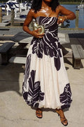 Glorol - Off Shoulder Sleeveless High Waist Printed Pleated Maxi Dress