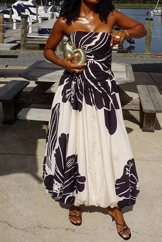 Glorol - Off Shoulder Sleeveless High Waist Printed Pleated Maxi Dress