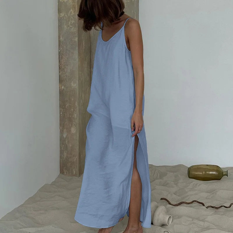 Glorol - Spaghetti Strap O Neck Sleeveless Slit Maxi Dress