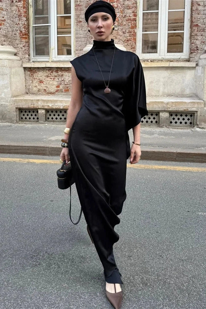 Turtleneck High Waist One-Shoulder Patchwork Maxi Dress