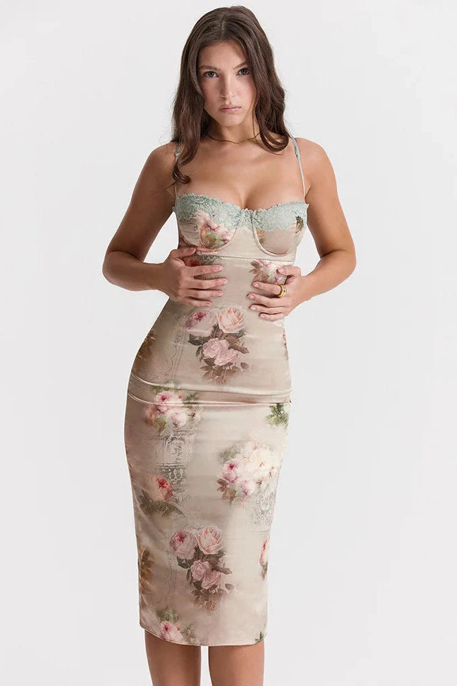 Glorol - Spaghetti Strap Lace Print Strapless Backless Midi Dress