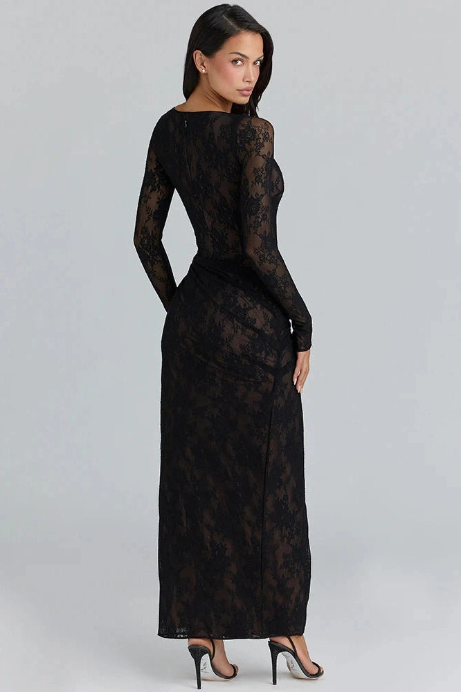 Glorol - Lace Long Sleeve O Neck High Waist High Split Maxi Dress