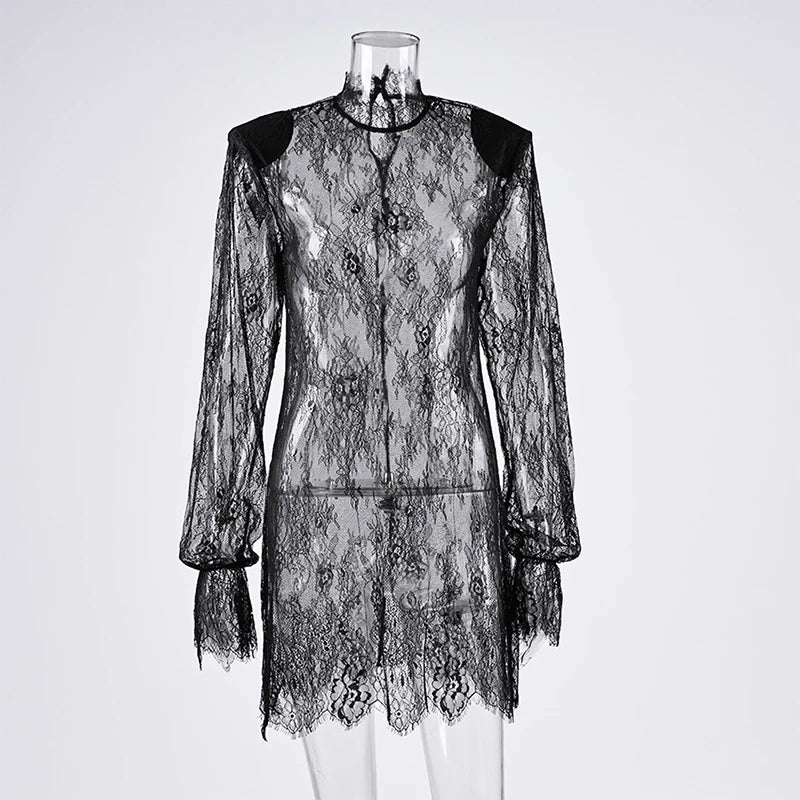 Glorol - Lace See Through Long Sleeve Loose Mini Dress