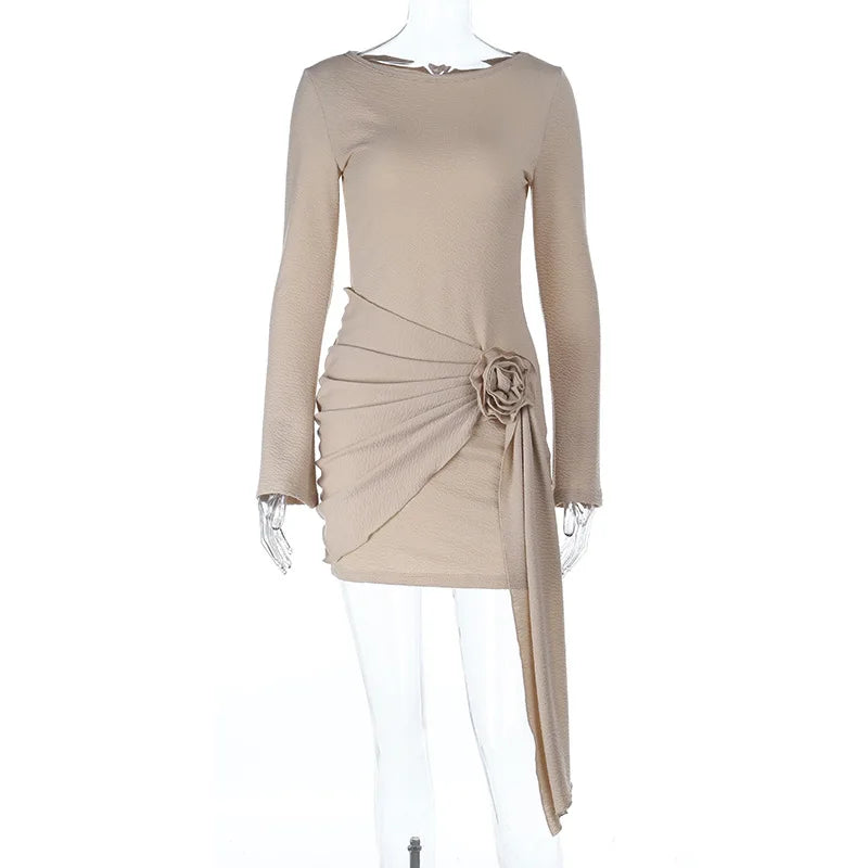 Glorol - Long Sleeve O Neck Slim Mini Dress
