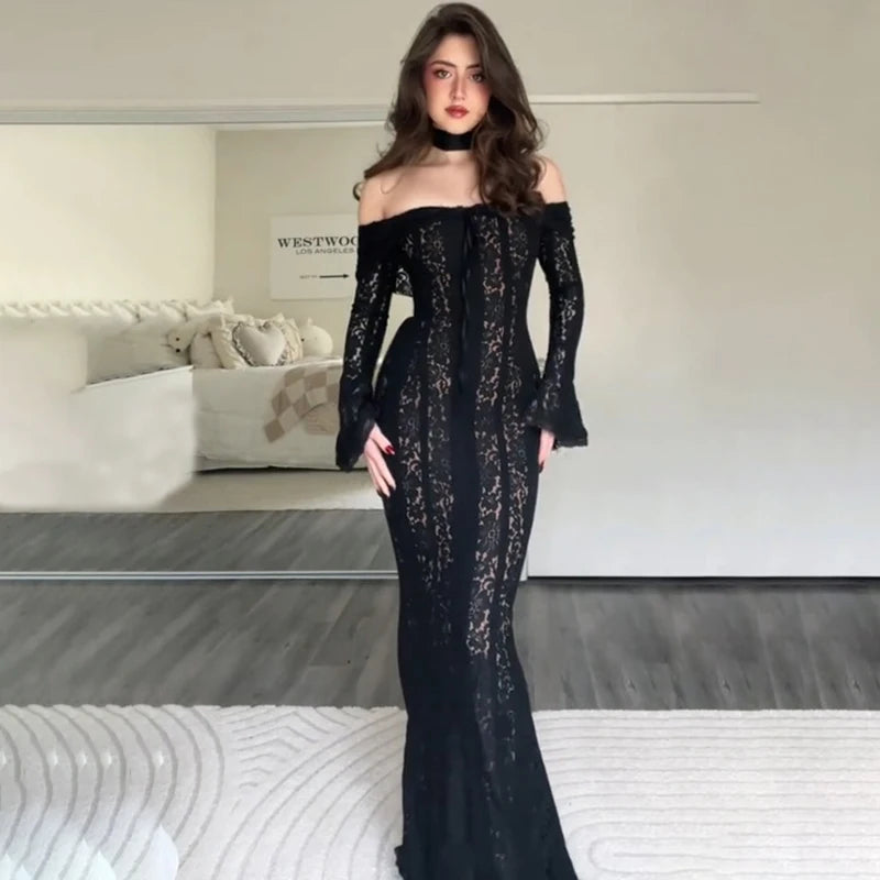 Glorol - Hollow Out Long Sleeve Bodycon Maxi Dress