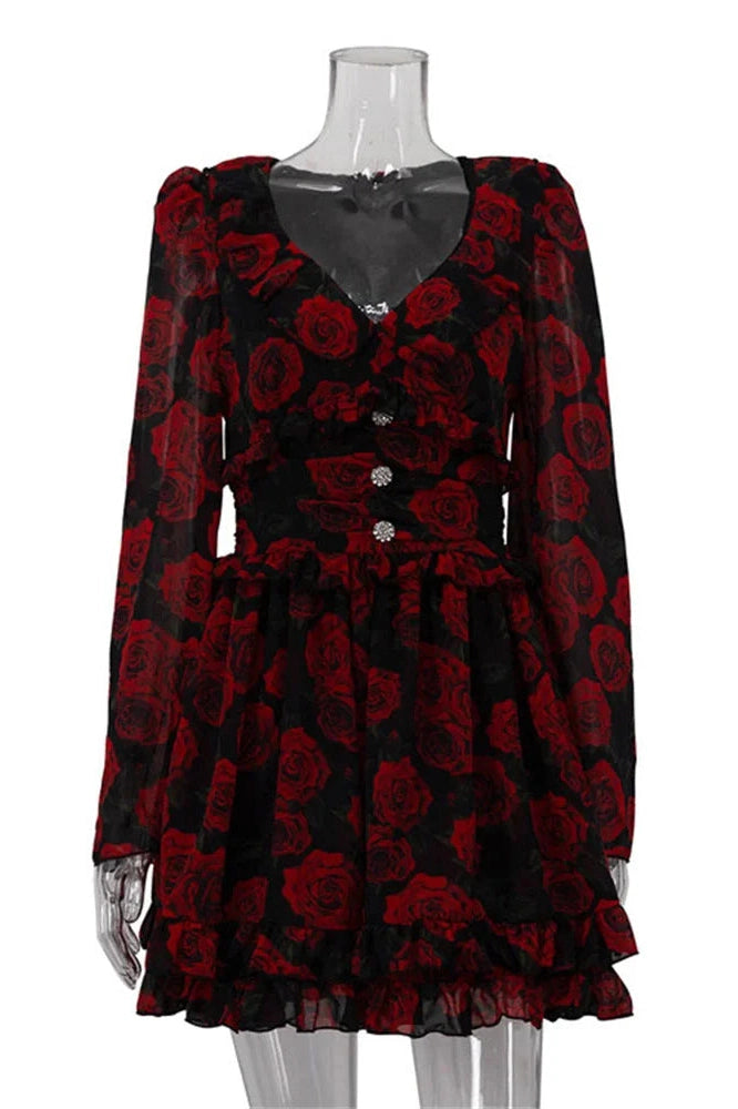 Glorol - Printed V-Neck Patchwork Long Sleeve High Waist Mini Dress