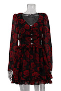 Glorol - Printed V-Neck Patchwork Long Sleeve High Waist Mini Dress