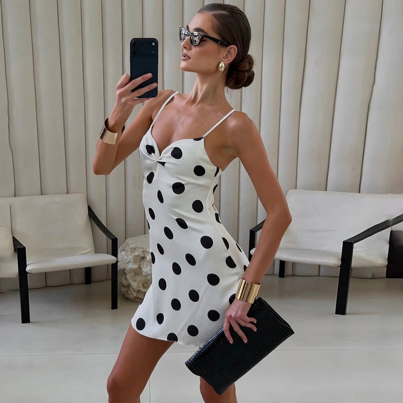 Glorol - Polka Dot Print Sleeveless Slim Mini Dress