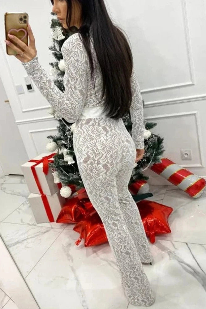 Glorol - Lace Print Long Sleeve Two Layer Jumpsuit