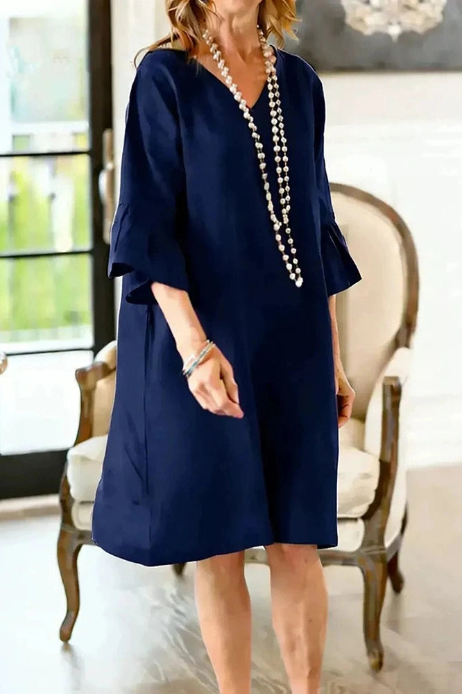 Glorol - Half Sleeve V-Neck Loose Pleated A-Line Mini Dress