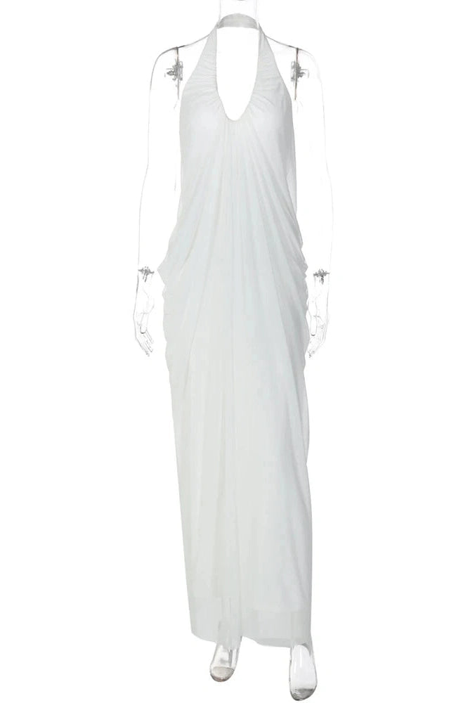 Glorol - Elegant Backless V Neck Sleeveless Pleated Maxi Dress