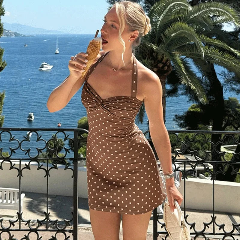 Glorol - Polka Dot Backless Lace-Up Mini Dress