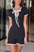Glorol - Hollow Out Lace-Up Short Sleeve Slim Mini Dress