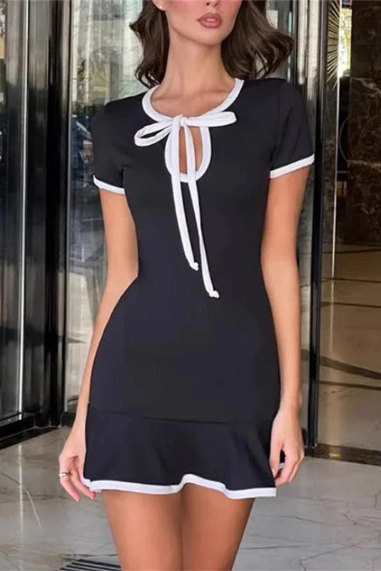 Glorol - Hollow Out Lace-Up Short Sleeve Slim Mini Dress